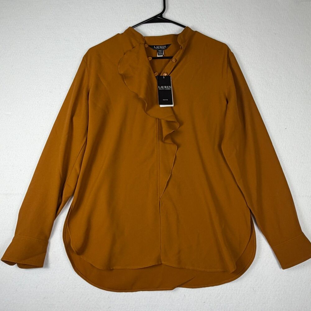 Lauren Ralph Lauren Petite M Mustard Ruffle Front Long Sleeve Blouse NWT